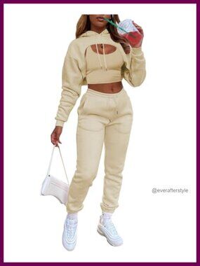 3 Piece Sweatsuit Set Long Sleeve Pullover Hoodie Tank Crop Top Jogger Pants